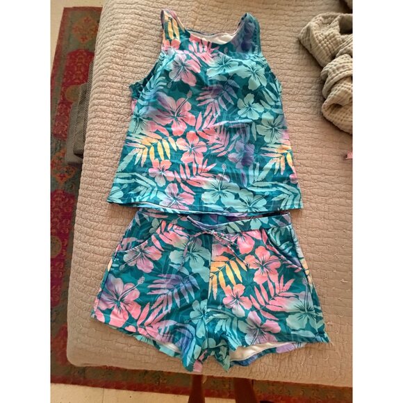 Floral High Neck Wide Straps Tankini Set With Shorts Size Large Blue Pink NWOT - Picture 13 of 14